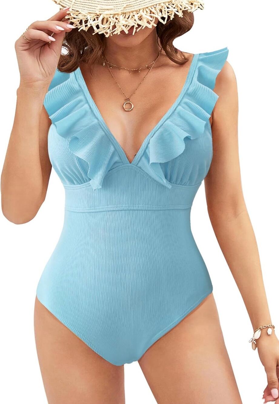 Sporlike Womens One Piece Swimsuit Baby Blue Ruffle V Neck Crisscross Monokini S